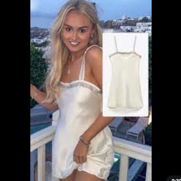 Zara Oyster White Strappy Rhinestone Satin Mini Dress - Picture 14 of 17